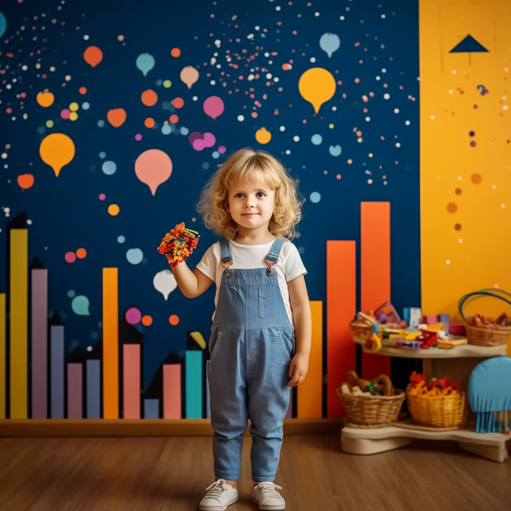 Concept per Toy marketing: bambina con in mano un giocattolo su sfondo di cameretta