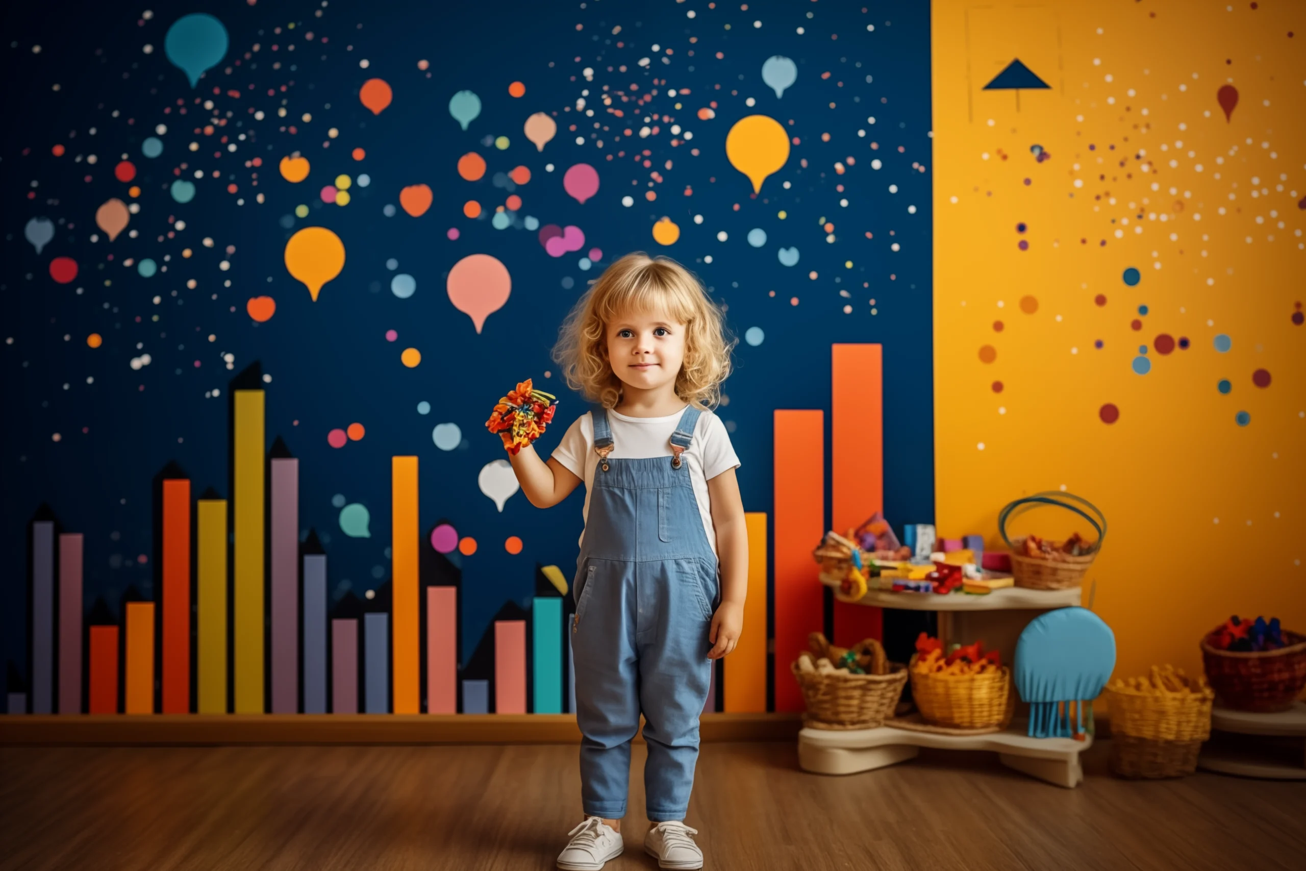 Concept per Toy marketing: bambina con in mano un giocattolo su sfondo di cameretta