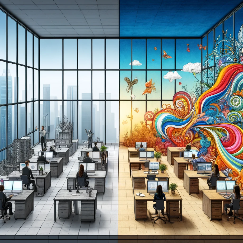 Concept di location particolari per eventi aziendali: immagine divisa a metà. A sinistra un ufficio in momento di lavoro. A destra un ufficio con onde di colore che riempiono lo spazio.