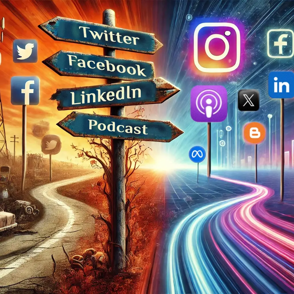 Concept per il declino dei social media e le nuove strategie digitali: illustrazione con indicati i social media di maggiore successo, come cartelli stradali