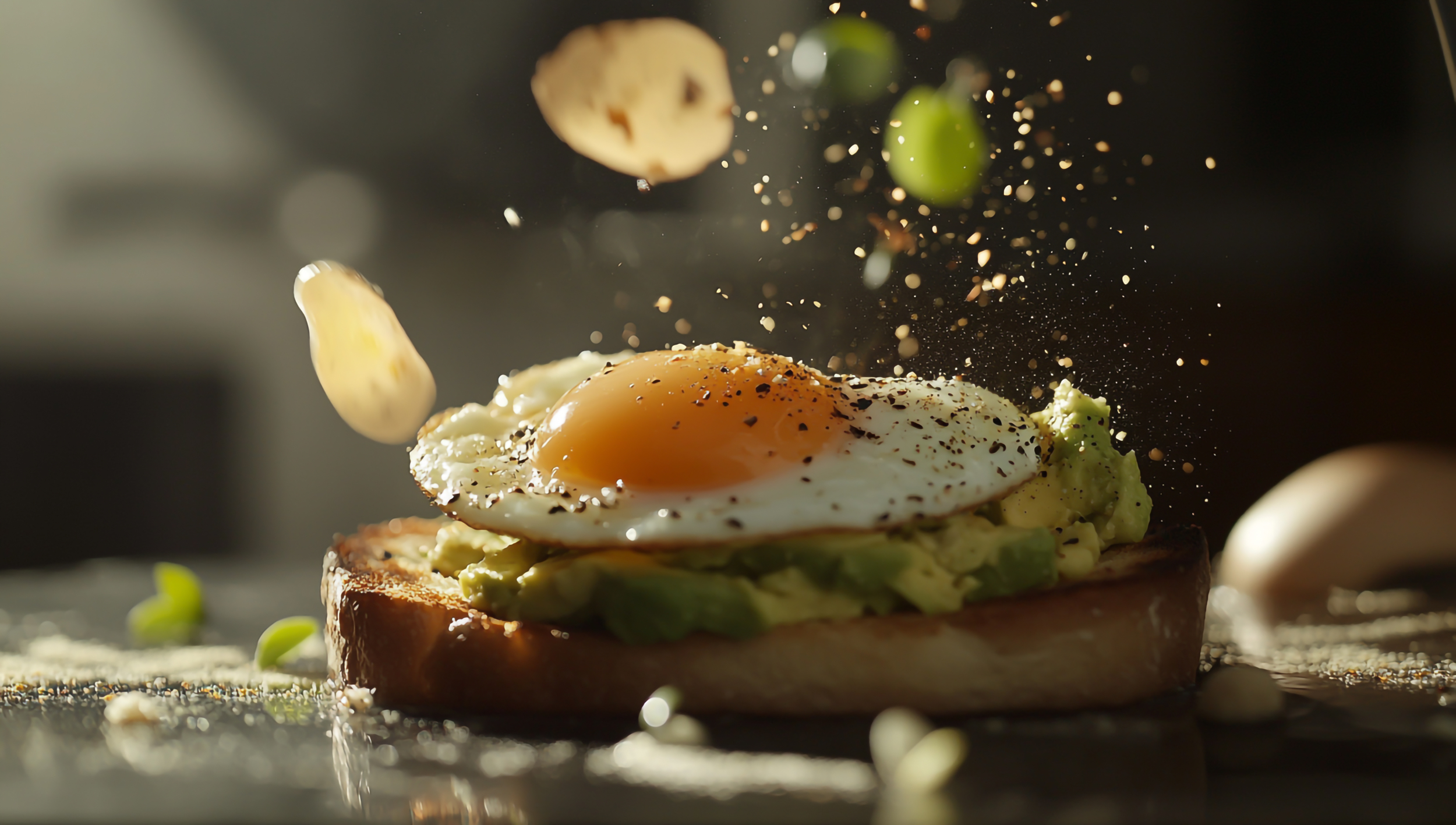 Concept per AI e snackable video nel food marketing: uovo su pane con avocado